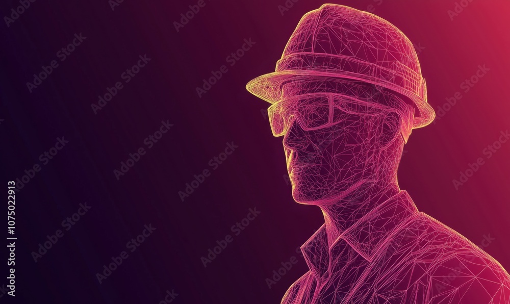 Wireframe construction worker profile, hard hat, sunglasses, neon colors Wireframe construction worker profile, hard hat, sunglasses, neon colors