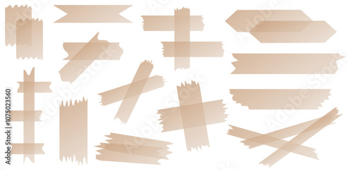 Set of beige semi-transparent washi tapes isolated on white. Washi tapes collection in vector. Pieces of decorative tape for scrapbooks. Torn paper. Gradient