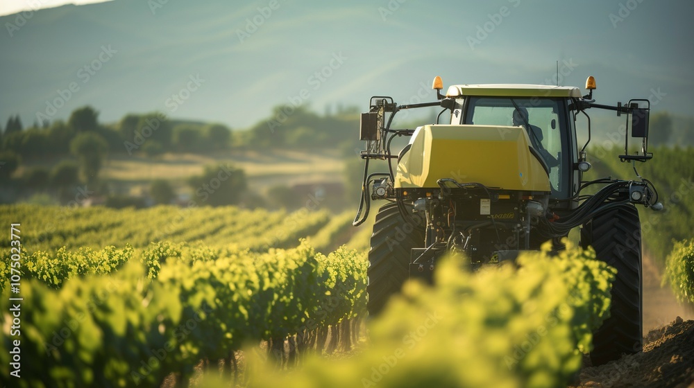 A photo of a sprayer machine in a vineyard. A photo of a sprayer machine in a vineyard.