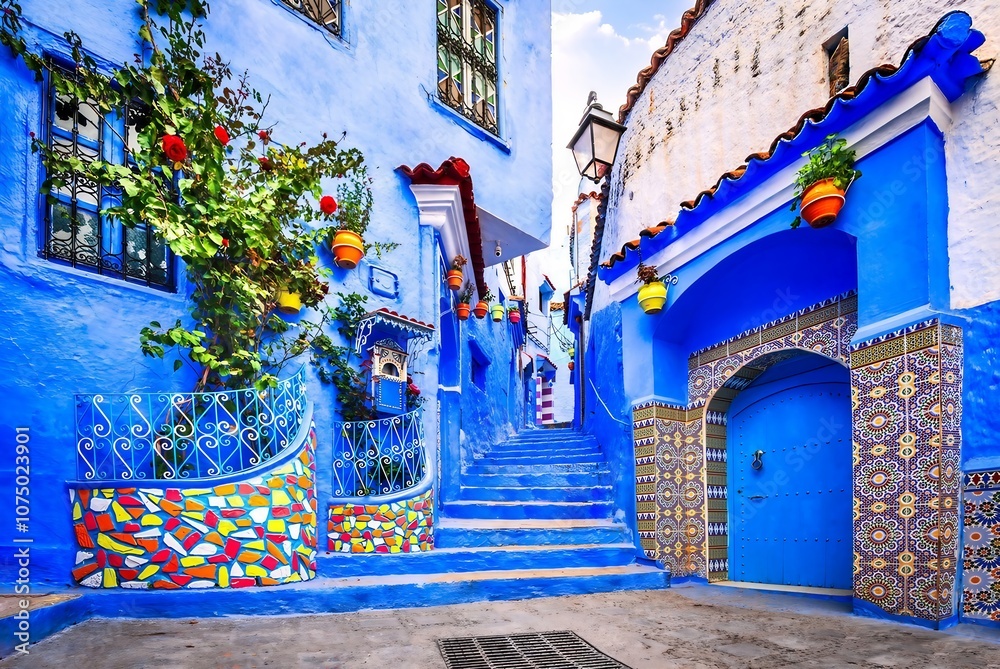 Obraz premium Chefchaouen, Maroc. Escalier bleu et mur décoré de pots de fleurs colorés, destination de voyage pour l'Afrique du Nord.