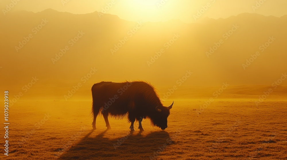 Yak Grazing at Sunrise in Serene Meadow Yak Grazing at Sunrise in Serene Meadow