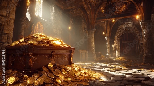 Treasure Trove: A Pile of Gold Coins in a Medieval Castle Interior. AI generated illustration