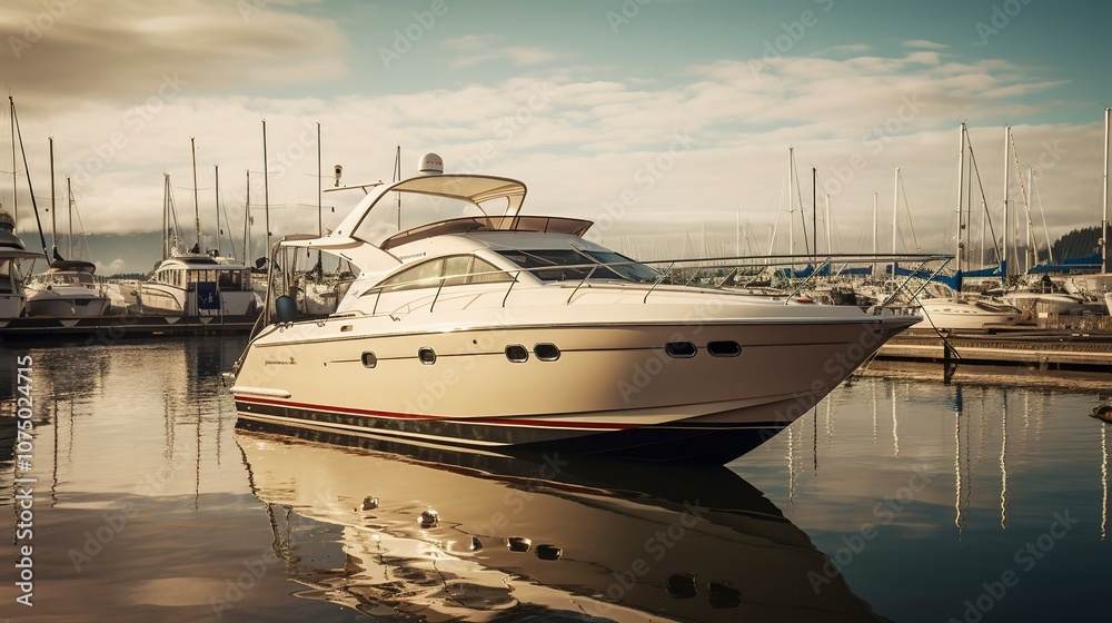 Fototapeta premium A photo of a stylish cabin cruiser docked