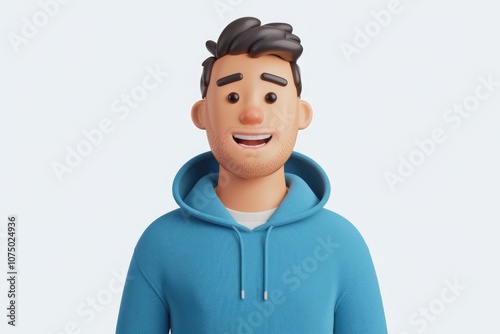 Smiling 3D cartoon man in a blue hoodie.