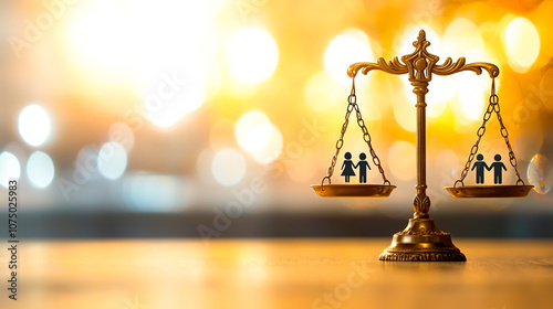 Symbolic representation of justice scales balancing human figures, depicting equality and fairness within legal and social systems, with a warm blurred background.