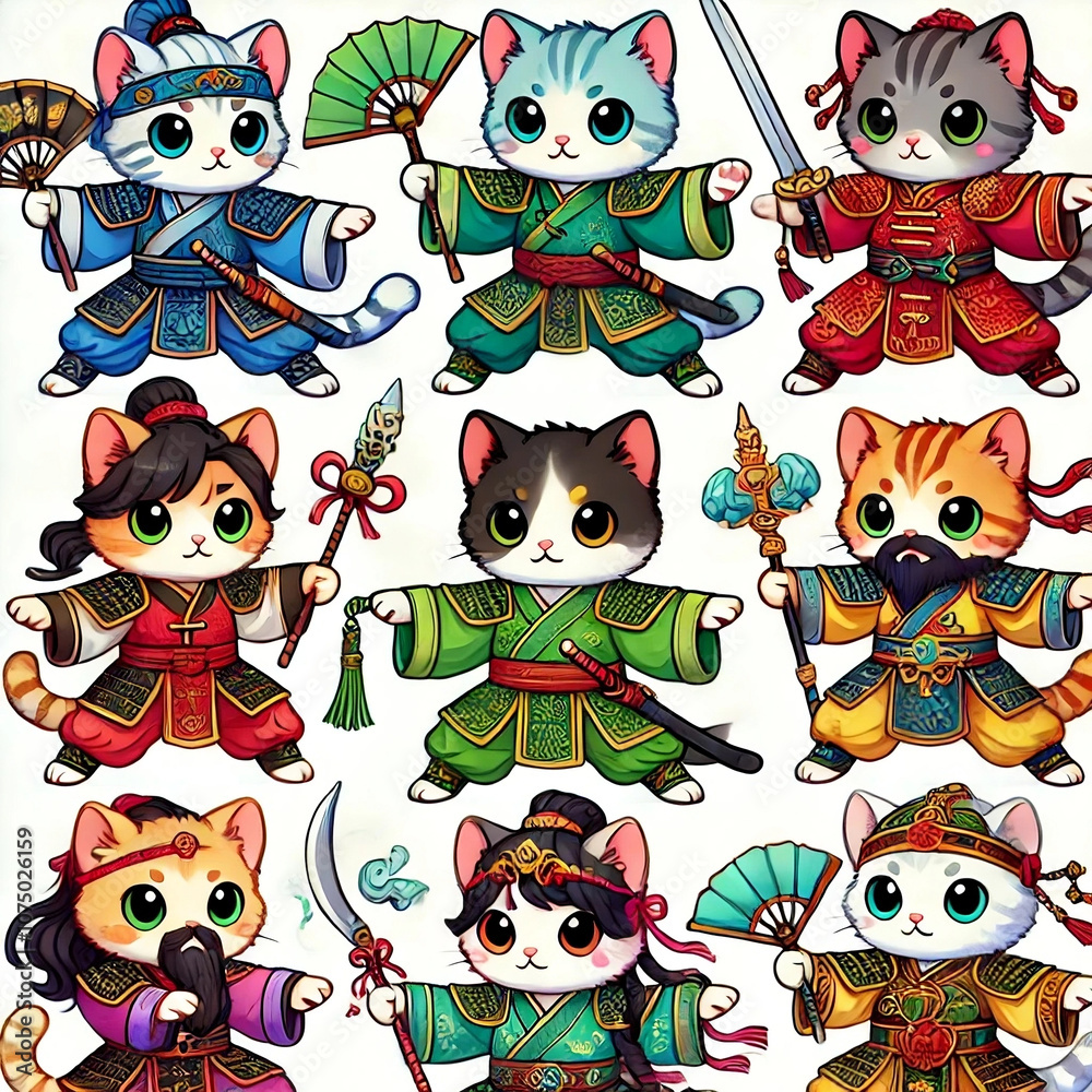 Fototapeta premium Warrior Cats in Traditional Asian Armor