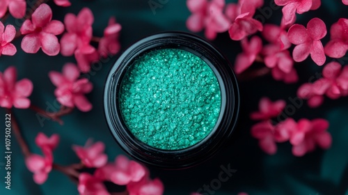 Wallpaper Mural A vibrant container of green shimmer sits among delicate pink flowers, creating a striking contrast and an aesthetic appeal. Torontodigital.ca