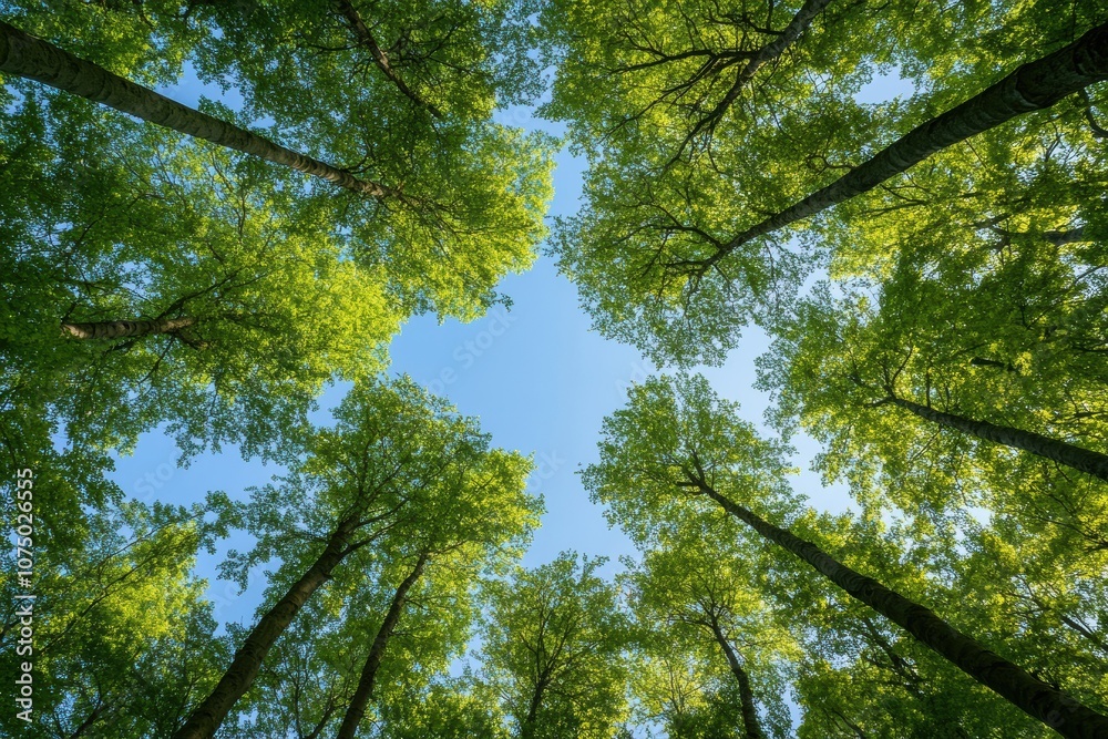 Fototapeta premium Green canopy of tall trees stretching towards clear blue sky