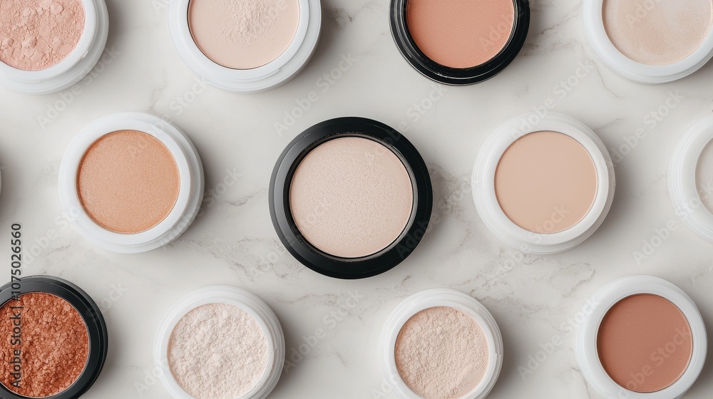 A flat lay of various cosmetic powders in circular containers, showcasing a range of neutral tones on a marble surface. A flat lay of various cosmetic powders in circular containers, showcasing a range of neutral tones on a marble surface.