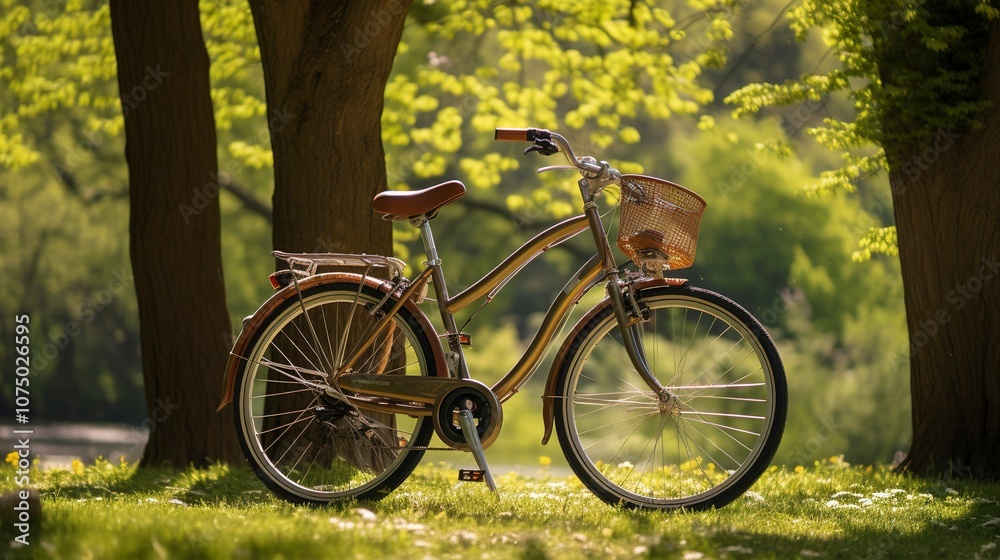 Fototapeta premium A photo of a tandem bicycle parked in a park.