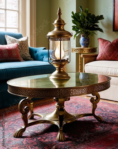 Aladdin s lamp lantern on an ornate brass coffee table photo