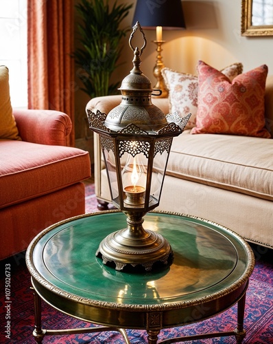 Aladdin s lamp lantern on an ornate brass coffee table photo