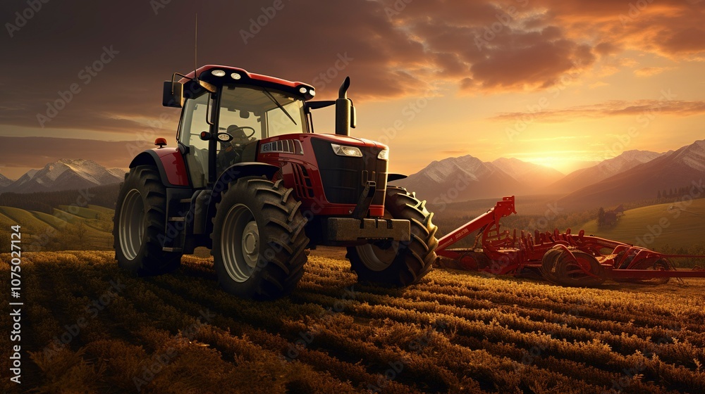 Fototapeta premium A photo of a tractor and plow on a farm at sunrise