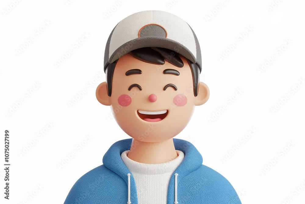 A smiling 3D cartoon boy wearing a blue hoodie and a cap. A smiling 3D cartoon boy wearing a blue hoodie and a cap.