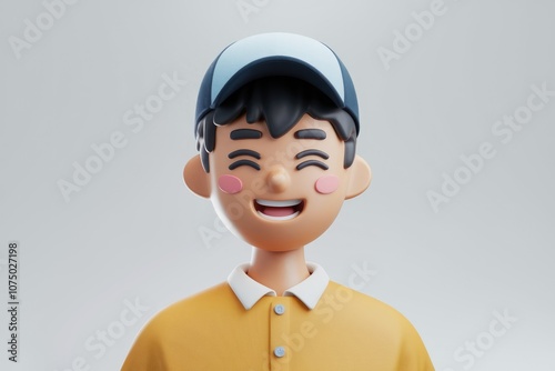 A 3D cartoon boy wearing a cap smiling cheerfully.