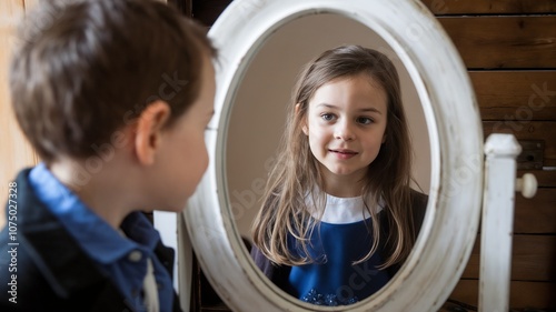 A boy seeing himself in a mirror like a girl. Gender dysphoria, transgender, Sister and brother concepts.