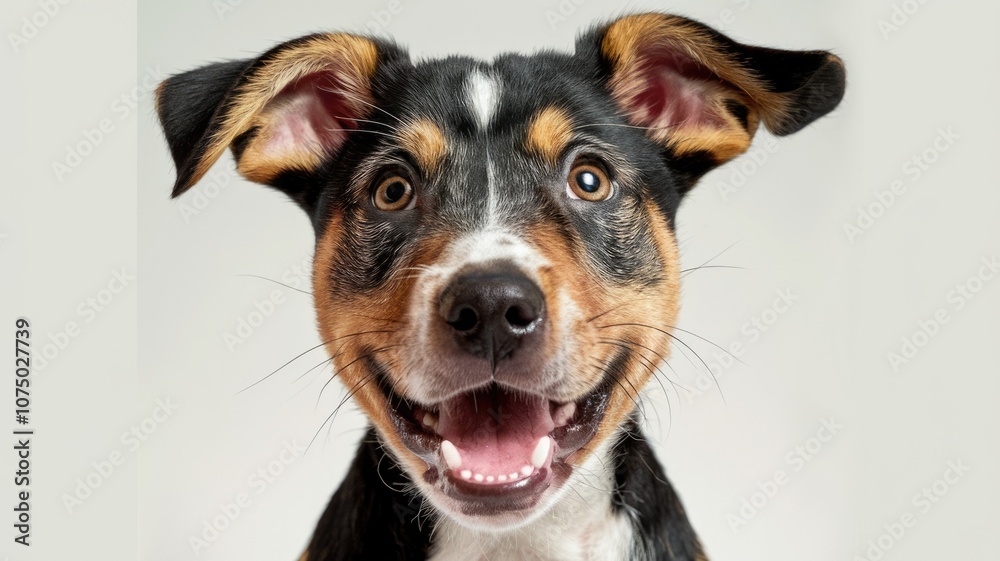 A happy puppy with brown black and white fur looking up with a big smile. A happy puppy with brown black and white fur looking up with a big smile.