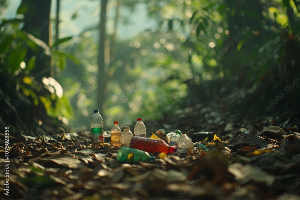 Plastic bottles littering a forest trail in a tropical jungle during daylight Plastic bottles littering a forest trail in a tropical jungle during daylight