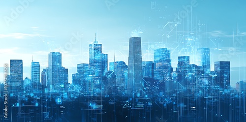 A futuristic cityscape with digital networks connecting skyscrapers.