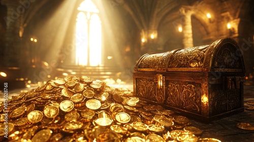 Treasure Trove: A Pile of Gold Coins in a Medieval Castle Interior. AI generated illustration