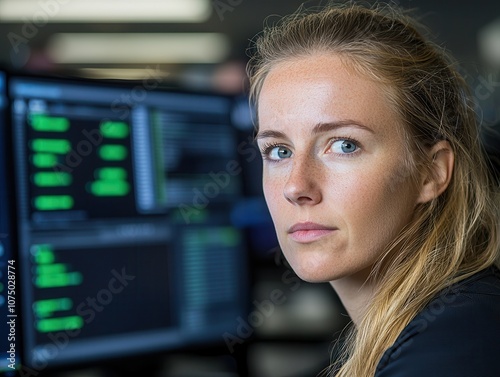 A focused woman with long hair looks intently at computer screens displaying data and code, embodying a tech-savvy environment.