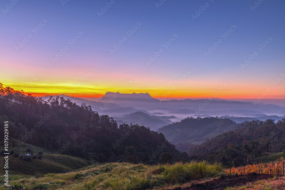 Fototapeta premium Mountain peaks in morning fog - foggy morning Landscape of sunrise on Mountain at Doi Luang Chiang Dao, Chiang Mai ,Thailand