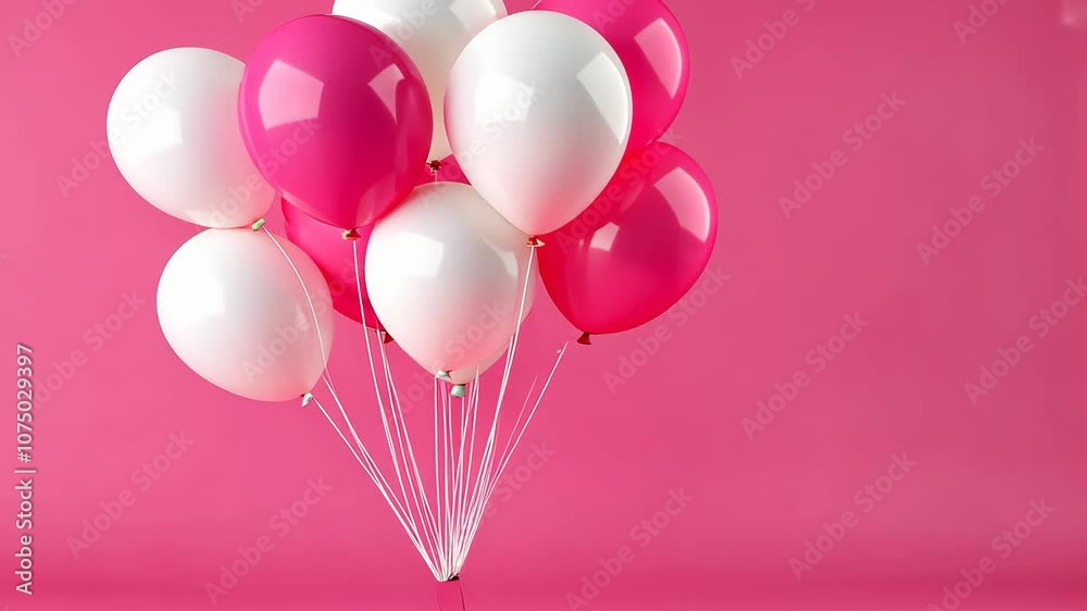 A bunch of white and pink balloons are tied together against a pink background A bunch of white and pink balloons are tied together against a pink background
