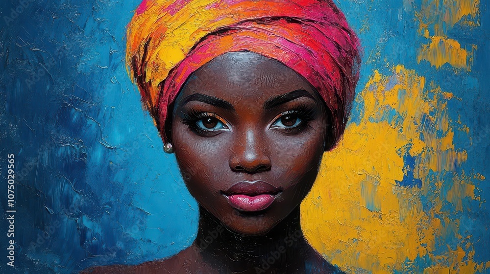 colorful abstract painting of a black woman wearing a modern turban, celebrating african culture through vibrant colors and bold expressions in a contemporary artistic style