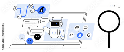 AI chatbot interacting with users online through various communication channels on a laptop screen, accompanied by emoticons and search icons. Ideal for customer service, technology, AI, digital