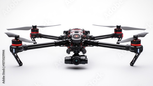 Aerial drone quadcopter with digital camera. Flying aerial remote controlled drone.