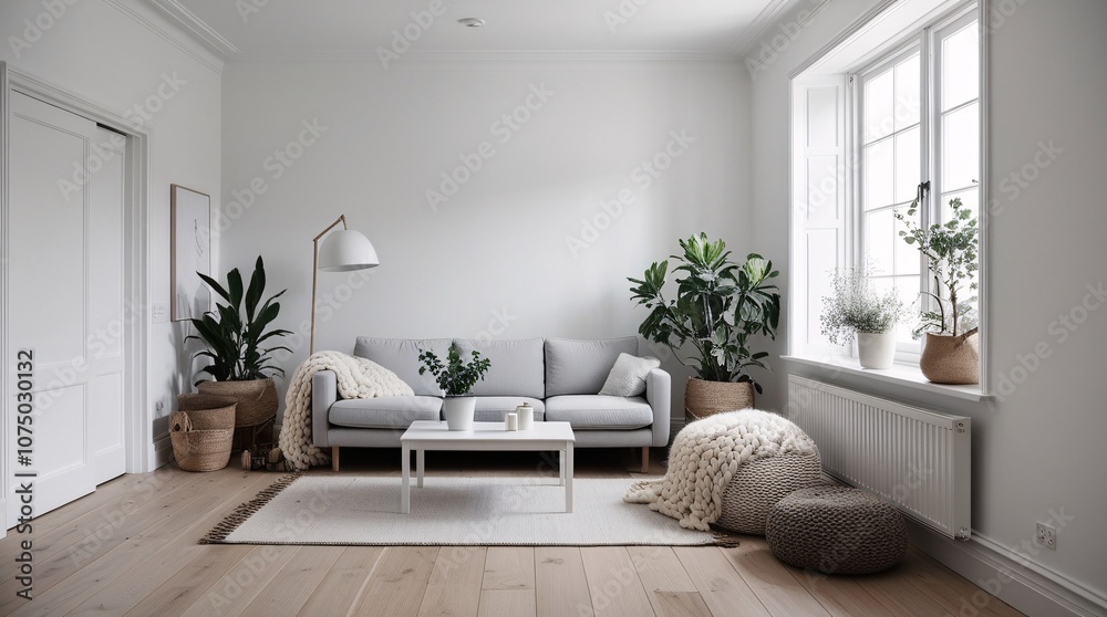 The living room features a light gray sofa surrounded by various indoor plants, a coffee table, and a soft rug, creating a tranquil atmosphere with ample natural light streaming in The living room features a light gray sofa surrounded by various indoor plants, a coffee table, and a soft rug, creating a tranquil atmosphere with ample natural light streaming in