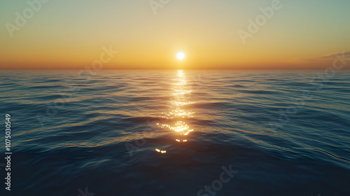 Blurred background of the sea at sunset, with gentle ripples on the calm water and the sun setting in the distance.