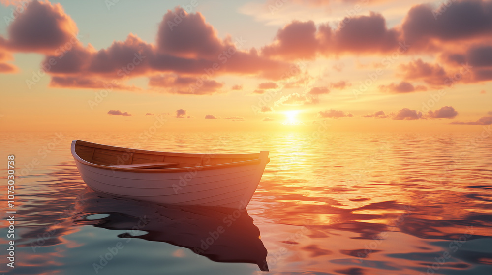 Lonely boat floating on calm water at sunset with warm colors reflecting on the tranquil ocean, creating a peaceful scene Lonely boat floating on calm water at sunset with warm colors reflecting on the tranquil ocean, creating a peaceful scene