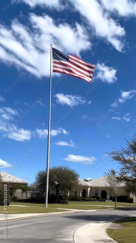 Fototapeta premium American flag waves in the wind on a sunny day with a clear blue sky in the background.