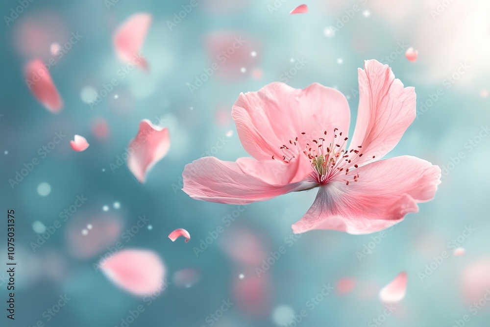 A Single Pink Flower Floating in a Dreamy Pastel Blue Background. AI generated illustration A Single Pink Flower Floating in a Dreamy Pastel Blue Background. AI generated illustration