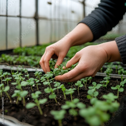 hands of a woman planting small herbs in the ground in a greenhouse