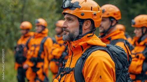 A team of rescue workers in bright orange gear stands attentively, ready for action in a natural outdoor setting.