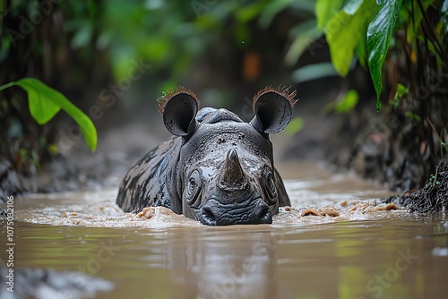 A Sumatran rhinoceros, a critically endangered species, walks through a muddy stream in the jungle. photo