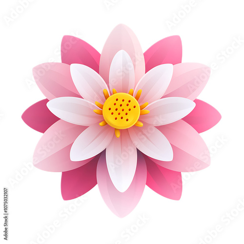 a lotus flower, serene pink petals with yellow center, floating appearance, isolated on white background