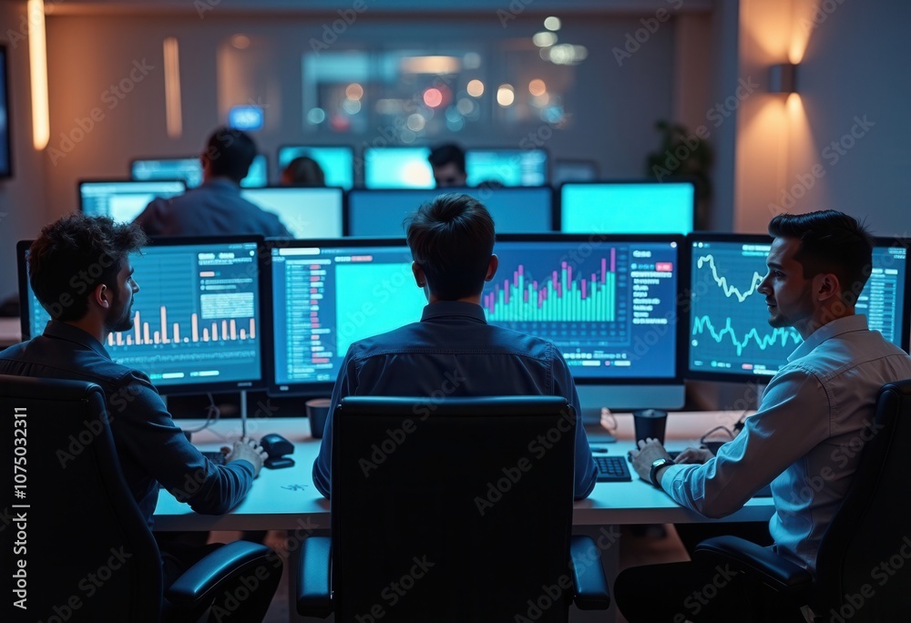 In a contemporary office setting, a group of analysts focused intently on multiple monitors displaying financial graphs and data. The dim lighting enhances their concentration as they work diligently In a contemporary office setting, a group of analysts focused intently on multiple monitors displaying financial graphs and data. The dim lighting enhances their concentration as they work diligently
