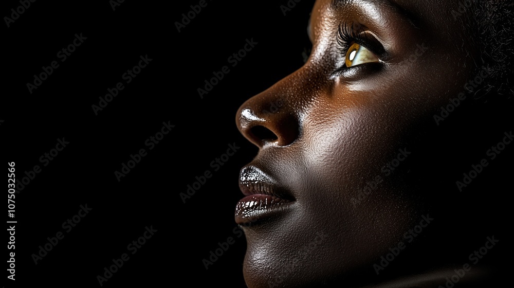 Side profile of young Black woman with striking features and glowing skin copy space Side profile of young Black woman with striking features and glowing skin copy space