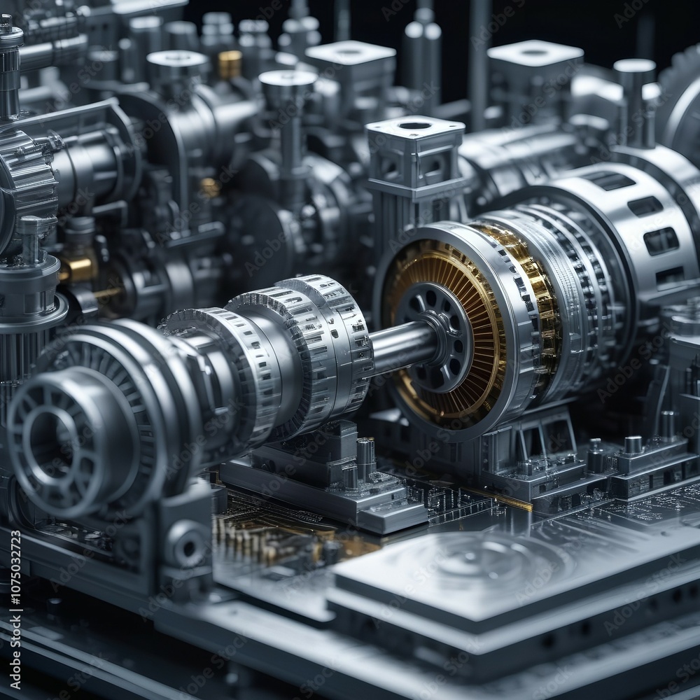 Detailed mechanical components in a futuristic machine, close-up view with a dark background. Concept of advanced technology and innovation