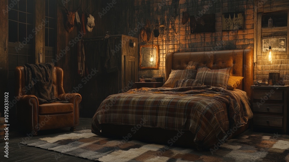 Rustic Cabin Bedroom with Leather Armchair and Plaid Bedding Rustic Cabin Bedroom with Leather Armchair and Plaid Bedding