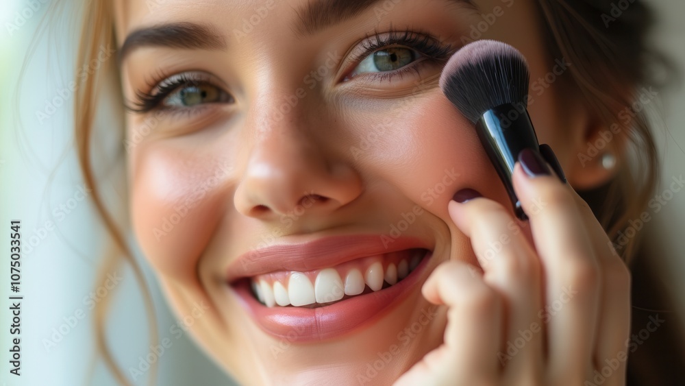 A young woman is gently applying blush with a brush, showcasing a happy expression. Sunlight filters through the window, enhancing her natural beauty and warm smile, creating an inviting atmosphere in A young woman is gently applying blush with a brush, showcasing a happy expression. Sunlight filters through the window, enhancing her natural beauty and warm smile, creating an inviting atmosphere in