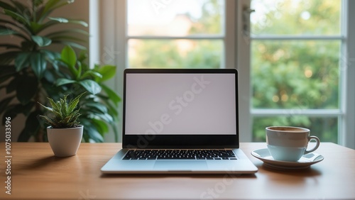 A clean workspace features a laptop with a blank screen sitting on a wooden table. Nearby, a small potted plant adds greenery, while a coffee cup rests on a saucer, creating a cozy and inviting atmosp