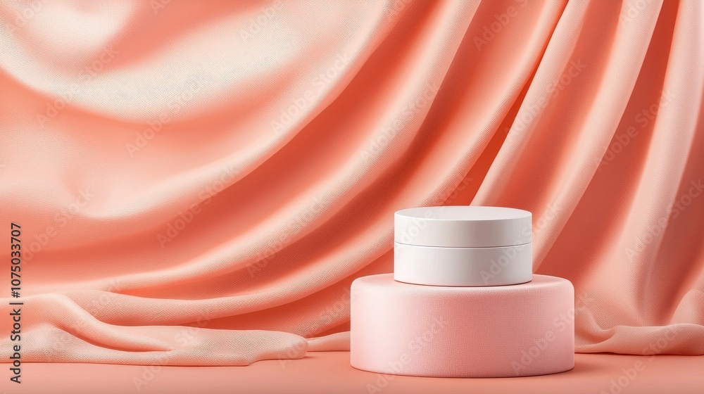 A serene composition featuring soft peach fabric with a white cosmetic container, evoking a sense of luxury and skincare.