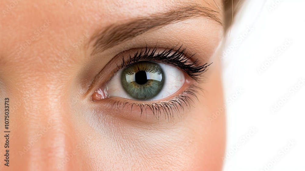 Obraz premium Close-up of woman's eye, showcasing detailed green iris and long eyelashes
