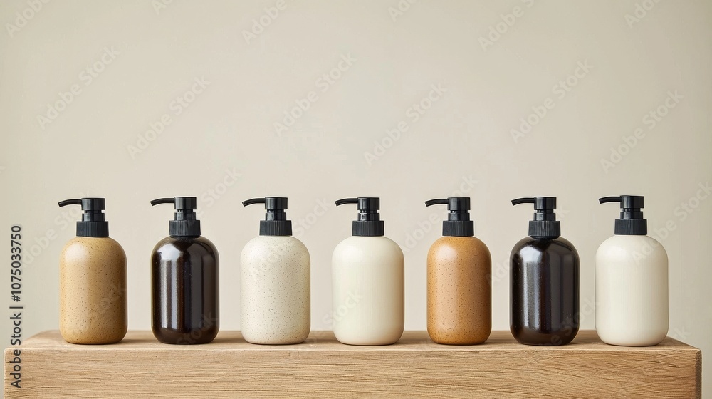 A row of stylish bottles in varying colors sits on a wooden surface, showcasing different beauty or personal care products against a neutral backdrop. A row of stylish bottles in varying colors sits on a wooden surface, showcasing different beauty or personal care products against a neutral backdrop.