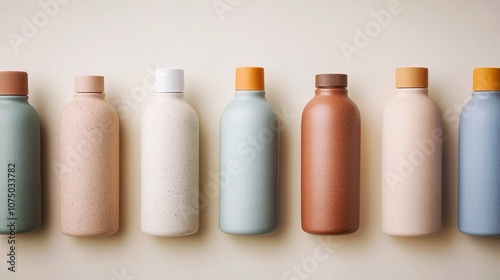 A row of stylish, colorful bottles in muted tones, each with unique caps, set against a simple background. photo