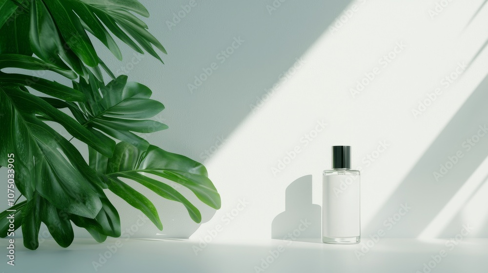 A minimalist composition featuring a white bottle next to a green leaf, illuminated by soft light, creating a serene and fresh aesthetic. A minimalist composition featuring a white bottle next to a green leaf, illuminated by soft light, creating a serene and fresh aesthetic.
